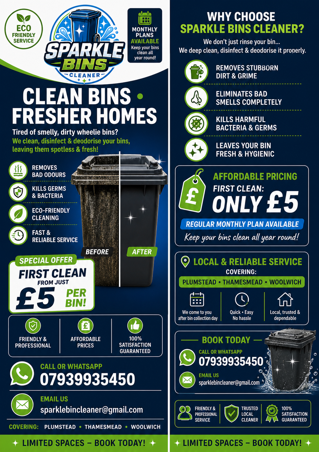 Sparkle Bins Cleaner promotional flyer showing £5 first clean offer and local service areas